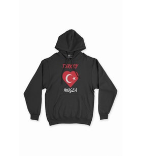 Muğla Türkiye Bayraklı Kalpli Siyah Sweatshirt Hoodie