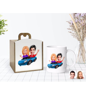 BK Gift Kişiye Özel Ahşap Kutuda Sevgililer Karikatürlü Beyaz Kupa Bardak-52