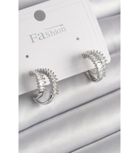 Pirinç Gümüş Renk 2'Li Zirkon Taşlı Halka Model Kadın Küpe (Karışık)