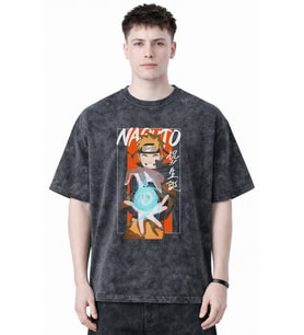 Naruto Uzumaki Anime Baskılı Unisex Oversize Eskitme Yıkamalı Tişört