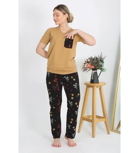 Akbeniz Kadın Kısa Kol Pamuk Penye Pijama Takım Hardal 4214