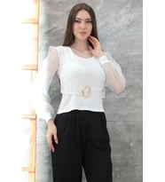 Tokalı tül kollu bluz beyaz