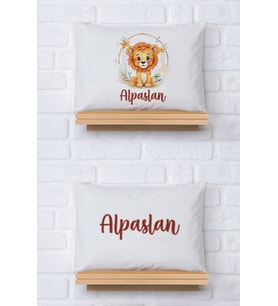Pia Baby Premium %100 Pamuk İkili İsim Yazılı Aslanlı Bebek Yastık Kılıfı – 35x45 cm Organik Baskı 5003-13 (Ekru)