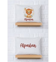 Pia Baby Premium %100 Pamuk İkili İsim Yazılı Aslanlı Bebek Yastık Kılıfı – 35x45 cm Organik Baskı 5003-13 (Ekru)