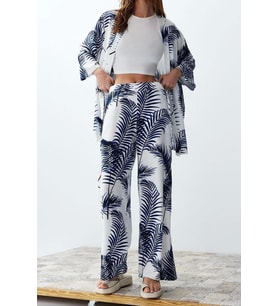 Moda Dokuma Baskılı Degaje Yaka Casual Günlük Siyah Desenli Kimono Pantolon Dokuma Alt-Üst Takım (Çok Renkli)