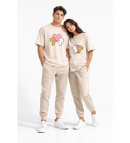 Sevgili Kombini Ayıcık Kalp Baskılı Çift Tişört Oversize Unisex Partner Kombin Seti (Bej)