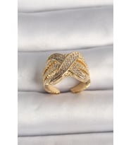 Pirinç Gold Renk Ayarlanabilir Zirkon Taşlı X Model Kadın Yüzük (Altın)