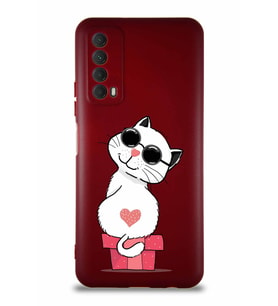 Huawei Y7A Soft Premier Kapak Coolcat Tasarımlı Silikon Kılıf - Mürdüm (Şeffaf)