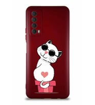 Huawei Y7A Soft Premier Kapak Coolcat Tasarımlı Silikon Kılıf - Mürdüm (Şeffaf)