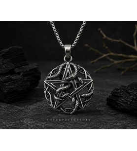 Paslanmaz Çelik Gotik Tarz Yılan Detaylı Pentagram Yıldızı Kolye