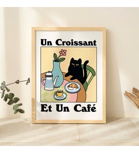 Fransız Cafe Kruvasan Kedi Baskı, Retro İçecek Posteri, Bistro Kahve Posterleri, Un Cafe Sil Vous Plait