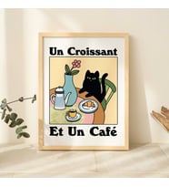 Fransız Cafe Kruvasan Kedi Baskı, Retro İçecek Posteri, Bistro Kahve Posterleri, Un Cafe Sil Vous Plait
