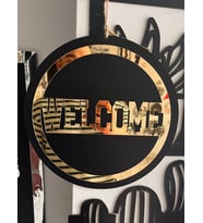 Welcome (HOŞGELDİNİZ) Kapı Süsü Siyah Mdf Üzeri Aynalı Gold Pleksi Dekorasyon Ürünü 30x30 Cm (Siyah-Gold)