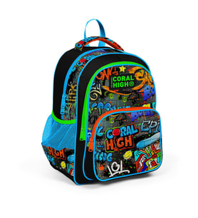 Coral High Kids Siyah Mavi Grafiti Desenli Üç Bölmeli Okul Sırt Çantası 14415