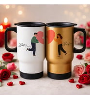 BK Gift Kişiye Özel Sevgili Çift Tasarımlı 2’li Kulplu Beyaz&Gold Çelik Termos Mug 450 ml -18, Sevgiliye Hediye, Sevgililer Günü Hediyesi