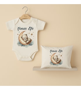 Pia Baby Premium %100 Pamuk İsme Özel Organik Baskılı Çıtçıtlı Bebek Body Ve Yastık Kılıfı 5039-19 (Ekru)