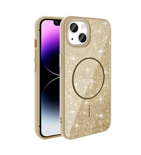 Apple iPhone 14 Uyumlu Kılıf M-safe Şarj Özellikli Parlayan Simli Zore Okso Kapak (Gold)