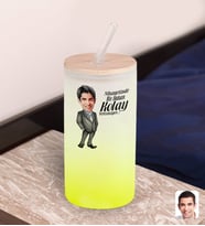 BK Gift Karikatürlü Sarı Renk Pipetli Buzlu Cam Bardak 600ml - 2, Arkadaşa Hediye, Doğum Günü Hediyesi