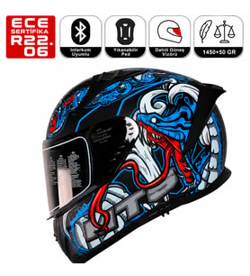 M801 Snake MYTH Mavi Motosiklet Kaskı Spoiler Mod Güneş Vizörlü Full Face Kask
