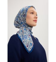 Schaless Etnik Bahar - Pudra - Aurora Desenli Janjan Eşarp - 90x90 Cm (Mavi)