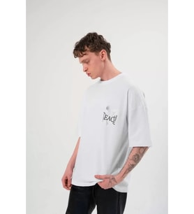 Unisex Bisiklet Yaka Baskılı Oversize T-Shirt - Beyaz