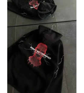 Üç İplik Kapşonlu Baskılı Oversize SweatShirt- Siyah