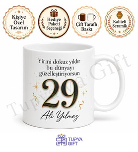 Yazılı Baskılı 29 Yaş Doğum Günü Hediyesi Arkadaşa Kupa Bardak