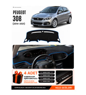 e-biz PEUGEOT 308 (2014-2021) Uyumlu Torpido Koruma, Torpido Örtüsü, Torpido Kılıfı - Siyah-Mavi - PE010