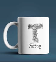 Kişiye Özel T Harfi Temalı Kara Kalem Tasarım Beyaz Renk Kupa