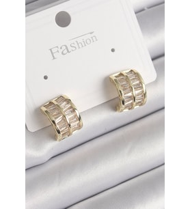 Pirinç Gold Renk Çift Sıra Zirkon Taşlı Kadın Küpe - TJ-BKP9756