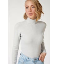 Kadın Kaşkorse Boğazlı Full Likralı Fitilli Body Kazak - Gri