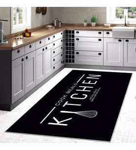 Siyah Zemin Kitchen Desenli Yıkanabilir Kaymaz Taban Leke Tutmaz Modern Mutfak Halısı (Beyaz)