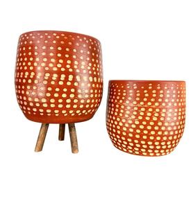 Bitki Tasarımı  Beyaz Nokta Desenli Toprak Saksı Saksılık Salon Çiçeklik İkili Set Ayaksız - 3 Ayaklı- 19 CM