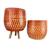 Bitki Tasarımı  Beyaz Nokta Desenli Toprak Saksı Saksılık Salon Çiçeklik İkili Set Ayaksız - 3 Ayaklı- 19 CM