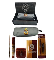 Galatasaray Orjinal Lisanslı Kırmızı Air Kalemtraş Ahşap Kutulu 6'lı Kırtasiye Seti (Gri)