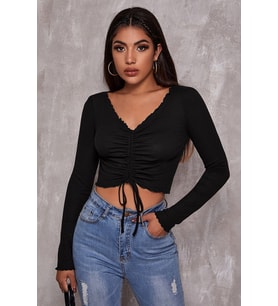 Kadın Siyah Uzun Kollu Büzdürme Bağcık Detaylı Crop Top Bluz