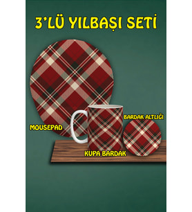 Yılbaşı Temalı 3'lü Bilek Destekli Mousepad Kupa ve Bardak Altlığı Seti