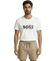 BOSS Yazılı ve Renkli Boya Sıçratma Efektli Tasarım Premium Erkek Tişört (Beyaz)