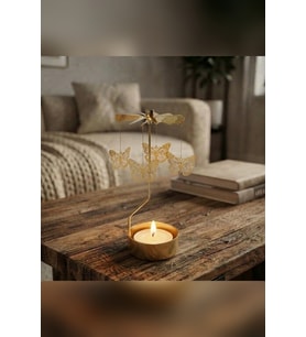 Dönen Mumluk Kelebek Figürlü Altın Metal Tealight Mum Tutucu Dekoratif Hediye 15 cm