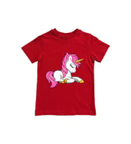 Unicorn baskılı pamuklu penye kumaş yazlık çocuk tişört (Kırmızı)