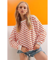 Kadın Düz Bisiklet Yaka Çizgili Sweatshirt (Turuncu)