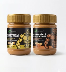 ALL GREEN: 2'li Paket Proteinli Fıstık Ezmesi (Karamel, Muz) Fıstık Proteini, Maca Kökü Tozu ile 325 gr x 2