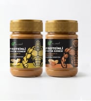 ALL GREEN: 2'li Paket Proteinli Fıstık Ezmesi (Karamel, Muz) Fıstık Proteini, Maca Kökü Tozu ile 325 gr x 2