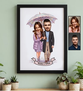 Kişiye Özel Karikatürlü Yürüş Yapan Romantik Sevgililer Siyah Çerçeve Sevgililer Günü Hediyesi