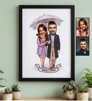 Kişiye Özel Karikatürlü Yürüş Yapan Romantik Sevgililer Siyah Çerçeve Sevgililer Günü Hediyesi