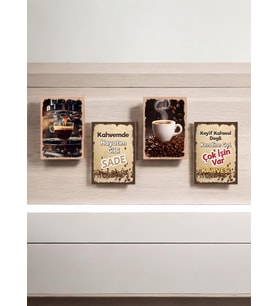 Dekoratif Tablo 4 Parça Mdf , Cafe Tabloları , Kahve Köşesi Tabloları , Duvar Tabloları , Çerçeve Görünümlü Dekoratif Hediyelik (14x20 Cm)