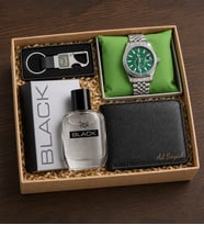 Kişiye Özel Emerald Legend Erkek Hediye Seti (Erkek Cüzdan & Özel Kutulu Yeşil Kadran Gümüş Renk Erkek Kol Saati & Kancalı Anahtarlık & Erkek Parfüm)