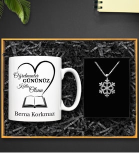Kişiye Özel Öğretmenler Günü Kupa & Kar Tanesi Kolye Hediye Seti