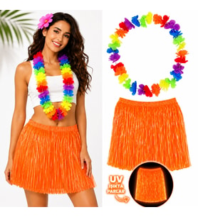 Neon Turuncu Hawaii Etek 40 cm ve Rengarenk Hawaii Kolye
