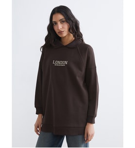LCW Modest Kahverengi London Nakışlı Kadın Kalın Sweatshirt Tunik